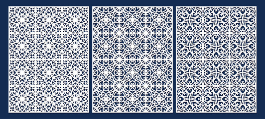 Wall Mural - Set of laser cut templates with geometric pattern. For metal cutting, wood carving, panel decor, paper art, stencil or die for fretwork, card background design. Vctor illustration