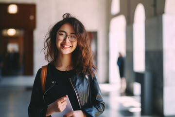 Young beautiful high school girl or college student wearing eyeglasses, smiling in university campus with copy space, Education, geek or nerd people concept