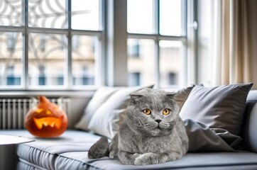 Wall Mural - Cute domestic cat lying at home with decorative pumpkin, AI generated image