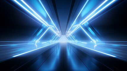 Poster - Corridor tunnel of space station ship, glowing futuristic panels of blue color, metal walls reflection of light. Podium stage long way. 3d render