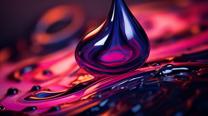 Poster - Drops oil different colors, splashes of water paint on dark background, macro. Oil refining industry, engine oil. 3d render