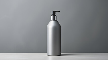 Grey silver metal color empty cosmetic bottle  in modern dark bathroom interior mock up