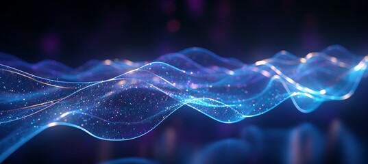 Fototapete - Glowing data particles wave flow technology background. Digital virtual space concept. Generative AI technology.