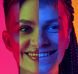 Human face made of portraits of different people, of diverse age, gender and nationality in neon light. Narrow stripes. Concept of human right, social equality, diversity, freedom, acceptance
