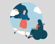 © SomethingCool! - Woman helps a person with limited mobility to overcome mental health disorders. Friend or social worker supports a girl in the wheelchair to get rid of depression. Concept of new life, rehabilitation.