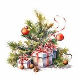 Fototapeta Londyn - Watercolor Christmas tree branch with a garland of miniature wrapped gifts on white. AI generated