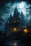 Fototapeta Londyn - Gothic castle highlighted under full moon radiating spine-chilling haunted vibes 