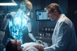doctor working in futuristic hospital with medical high tech healthcare, surgeon team operation on heart disease and illness on monitor. Robotic and medicine concept.