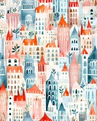  Watercolor city seamless hand drawn pattern