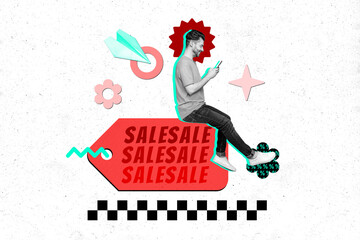 Sticker - Billboard sketch collage of happy guy sitting huge label choose clothes online seasonal sale isolated on drawing background