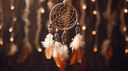 Wall Mural - process of creating dream catcher with feathers threads and beads rope hanging,generated by ai