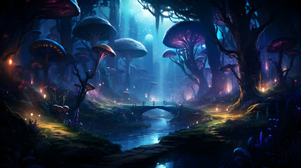 Wall Mural - illustration fantasy of neon forest glowing colorful look like fairytale,generated ai.