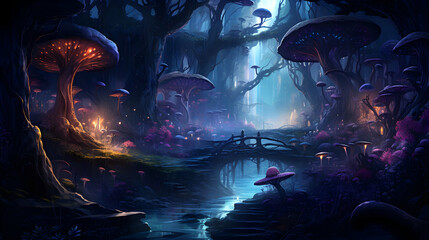 Wall Mural - illustration fantasy of neon forest glowing colorful look like fairytale,generated ai.