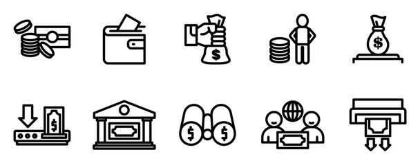 Financial icon design set. Contains icons of loans, cash, savings, financial goals, profits, budgets, mutual funds, banks, income money, and income.