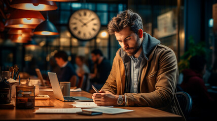 Wall Mural - A person is sitting at his desk, holding a smart phone to his ear while reviewing an important document on his laptop. 