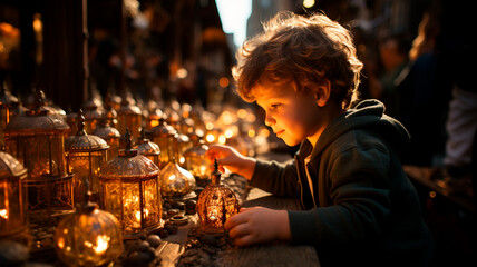 Wall Mural - A young boy examines antique objects in the market.