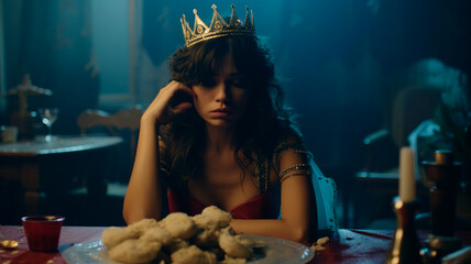 Wall Mural - a sad Spanish woman sitting at an American dinner table, eating a birthday cake, wearing a crown and crying.