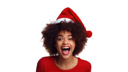 Wall Mural - Beautiful african american female model wear santa hat. Transparent background or PNG file. Generated by AI 