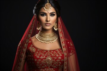 Wall Mural - Portrait photograph of an Indian bride wearing her lehenga and jewellery