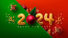 2024 New Year Promotion Poster Or Banner With Gift Box And Christmas Element For Retail,Shopping Or Christmas Promotion.New Year 2024 Symbol With Red Ball Ornaments. Vector Illustration Eps 10.
