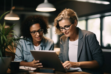 Two diverse businesswomen working together on a digital tablet and laptop in an office