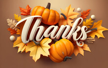 Thanksgiving Card With Realistic 3D Orange Pumpkins And Maple Leaves, Illustration Greeting Cards, Postcards, Stickers, Print On Demand, Slogan Tee, Logo, Web Banner And Many More Ideas. Generative AI