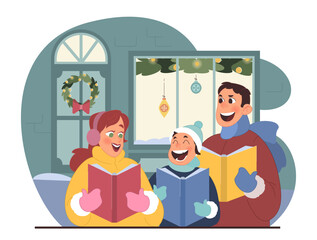 Wall Mural - Christmas celebration. Cheerful family members wearing warm outwear