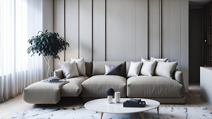 Wall Mural -  an AI image of a beige corner sofa placed against a wooden paneling wall in a minimalist interior design of a modern living room.