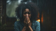 upset black young woman grieving and covering her mouth with her hands, depression, fear, anxiety, grief, sadness, african american girl, portrait, emotional face, expression, curly hair, female, eyes