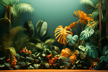 3D illustration colorful  background with  tropical leaves , generative ai