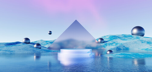 Wall Mural - 3d render, abstract surreal pastel landscape background with arches and podium for showing product, 