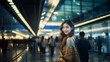 A young Asian woman with long, dark hair smiles in a bustling airport terminal, radiating joy amid a diverse crowd, capturing the energy and excitement of travel.