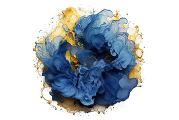 an abstract circle liquid explosion with gold and blue smoke, in a circular frame and isolated on a transparent background.