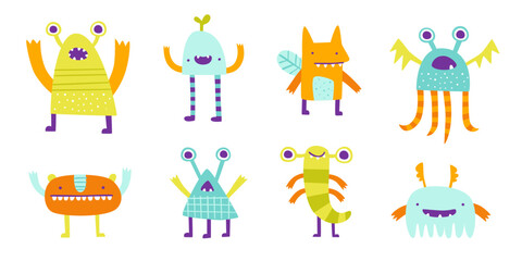 Wall Mural - set of cute monsters. vector collection of funny beasts for kids. bright doodle monsters bundle for 