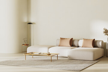 minimalist living room interior with curvy wall, sofa with pillows and beige plasters walls, coffee 