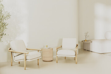 Wall Mural - modern living room interior in light beige tones with 2 armchairs and table, empty wall with sunligh