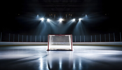 Ice hockey goal on ice of hockey stadium at night.