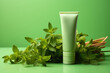 Cosmetic tube with mint leaves on a green background. Tube for skin care, facial wash or toothpaste with mint flavoured