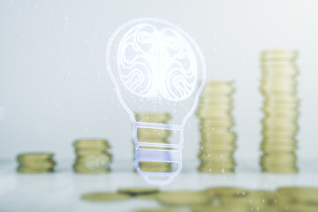 Poster - Abstract virtual light bulb illustration with human brain on coins background, future technology concept. Multiexposure