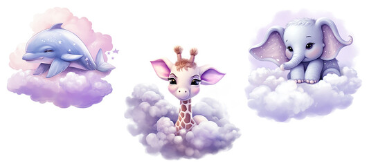 Wall Mural - Purple watercolor cute baby animals sleeping on cloud. dolphin, giraffe, elephant, 