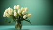 Closeup of white tulip bouquet on green background
