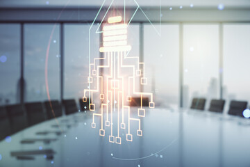 Aufkleber - Virtual creative idea concept with light bulb and microcircuit illustration on a modern conference room background. Neural networks and machine learning concept. Multiexposure