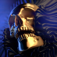 Poster - Fantasy digital illustration of a golden human skull emerging from folds of dark shiny fabric. 3d rendering