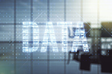 Aufkleber - Virtual Data word sign hologram on a modern conference room background. Multiexposure