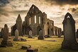 Ancient cathedral ruins amidst tombstones on Cashel Rock, Ireland. Generative AI