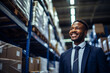 Smiling supervisor looking at stock arranged on shelves in warehouse
