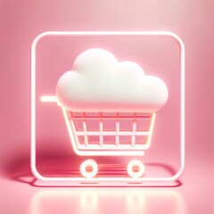 Wall Mural - Neon futuristic glowing color shopping cart sign with fluffy white cloud concept. 