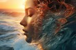 The abstract image of a woman is mixed with the image of the ocean. Unity with nature, peace and tranquility. Double exposure