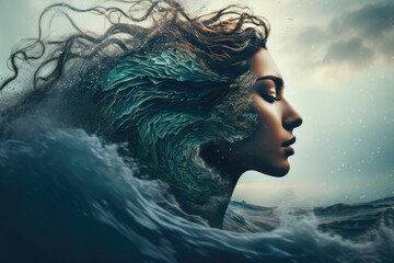 Wall Mural - The image of a calm woman is mixed with the image of the ocean. Abstract image of a woman. Wednesday. Unity with nature.