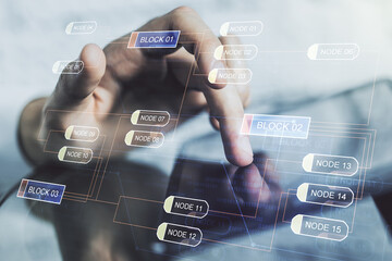 Aufkleber - Abstract creative coding illustration with finger clicks on a digital tablet on background, software development concept. Multiexposure